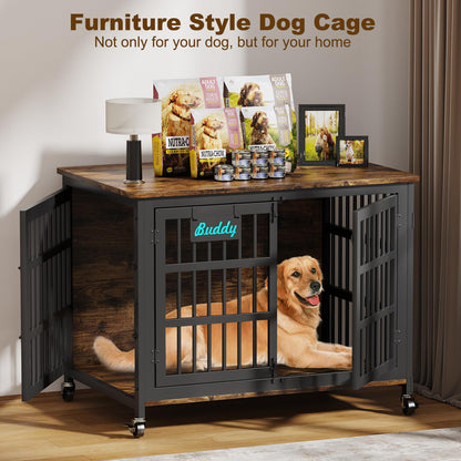 POAO 41"Heavy Duty Dog Crate Furniture with Name Tag,Chew Proof Prevent Escape for High Anxiety Dogs, Indoor Indestructible Dog Kennel ,Brown
