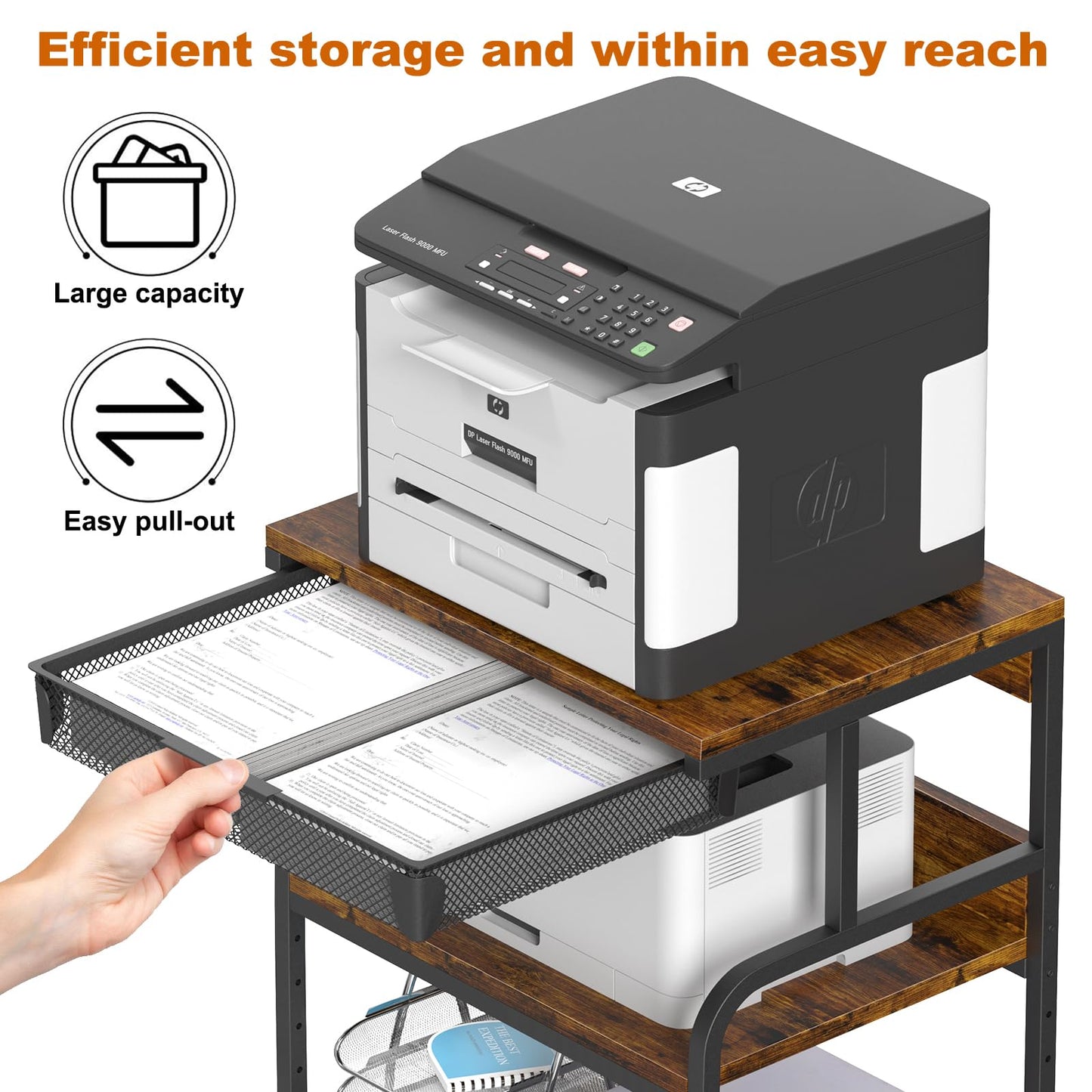 POAO Extra Large Printer Stand with Drawer, 5-Adjustable Heights 3 Tier Printer Table with Wheels, Rolling Printer Cart with Storage Shelf