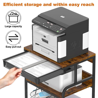 POAO Extra Large Printer Stand with Drawer, 5-Adjustable Heights 3 Tier Printer Table with Wheels, Rolling Printer Cart with Storage Shelf