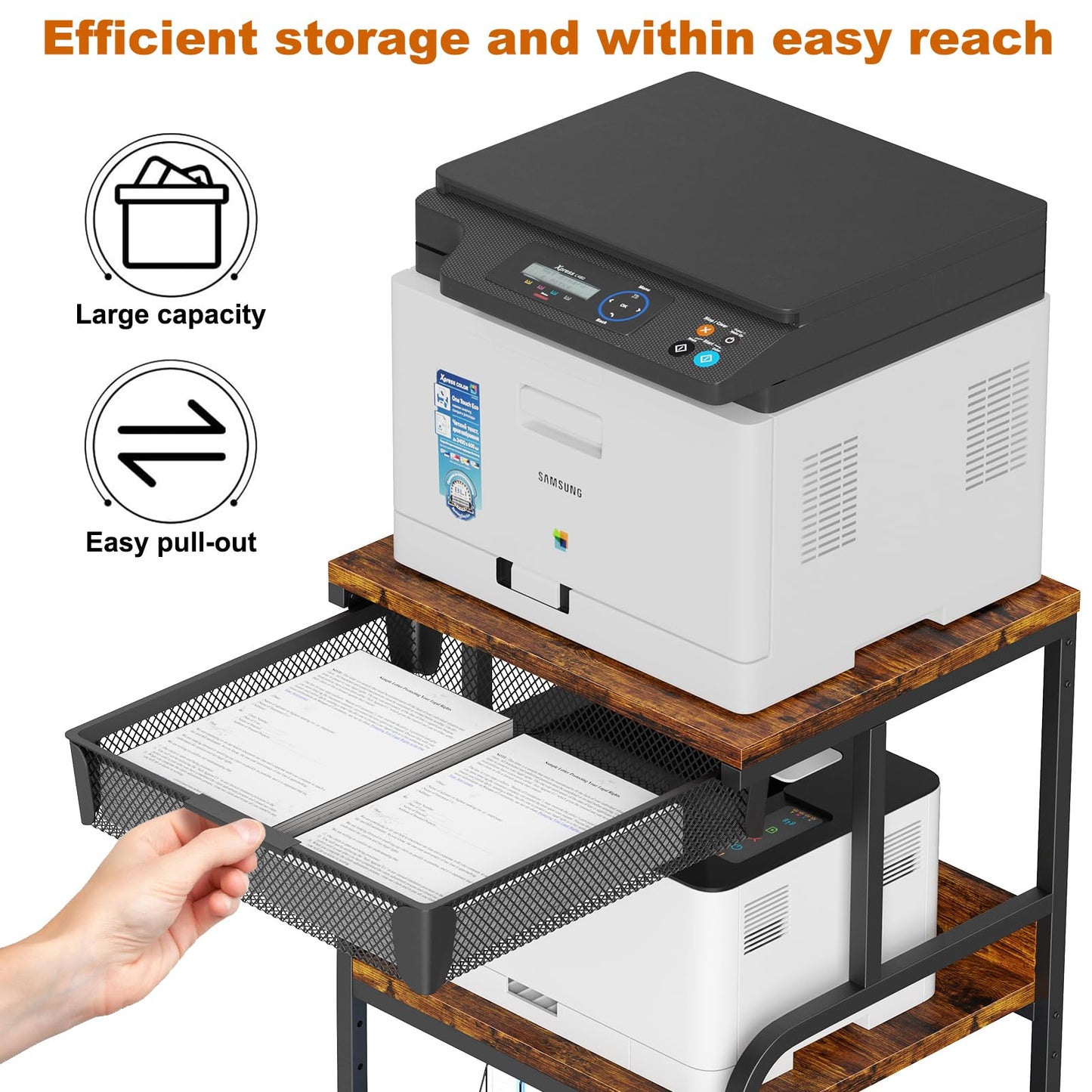 POAO Large Printer Stand with Storage Drawer,3-Tier Rolling Cart with Industrial Wheels for Desk,5 Adjustable Shelf Mobile Printer Table for Office