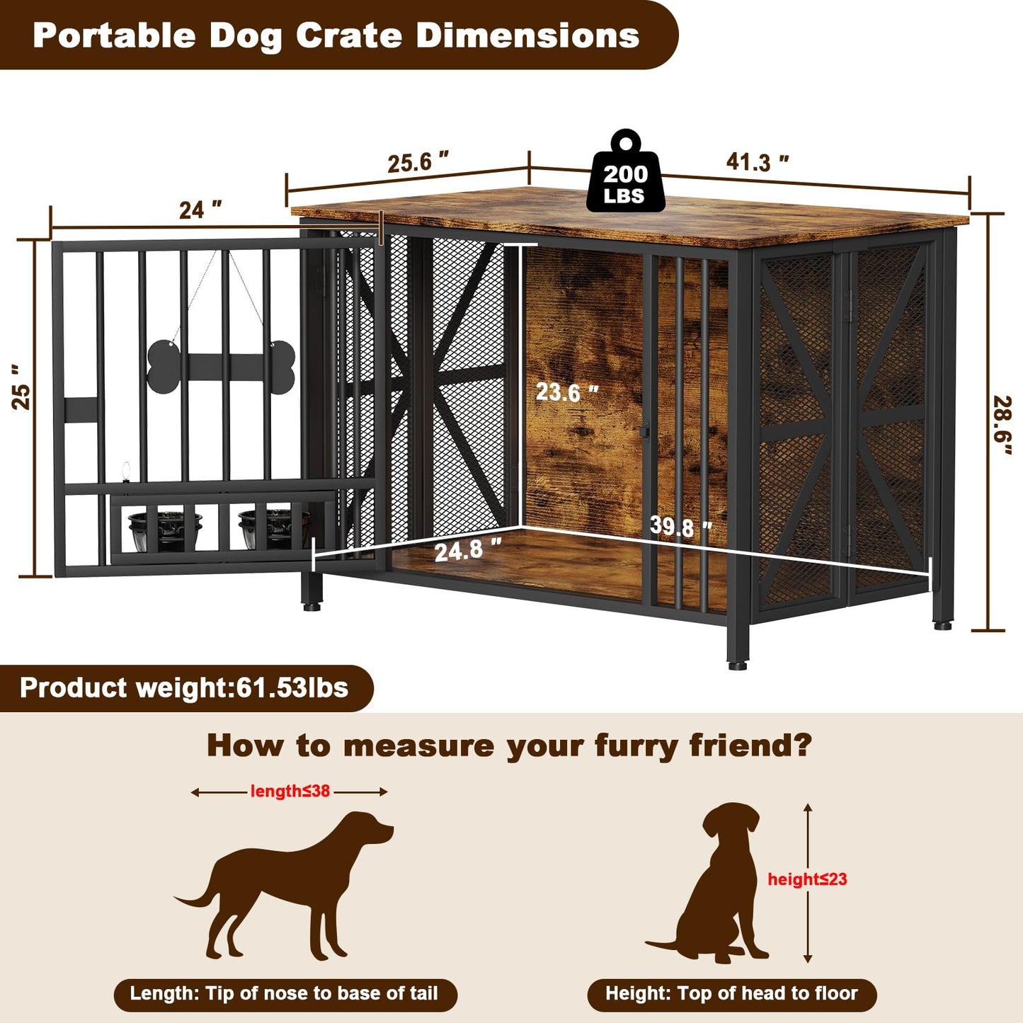 POAO Foldable Large Dog Crate Furniture, 41.3"Assembly-Free Dog Crates for Large Dogs, Wooden Dog Kennel Indoor with Tag & Dog Bowls, Rustic Brown