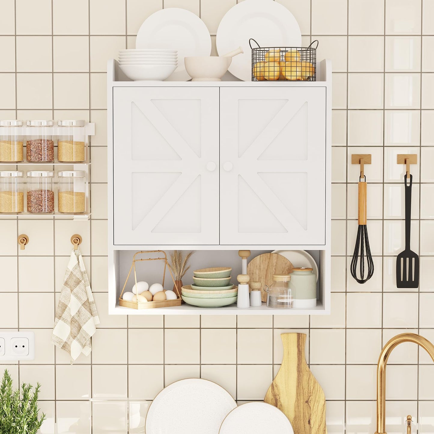 POAO Bathroom Wall Storage Cabinet, Wooden Medicine Cabinet with Adjustable Shelves and Double Barn Doors, Over The Toilet Storage Cabinet,White