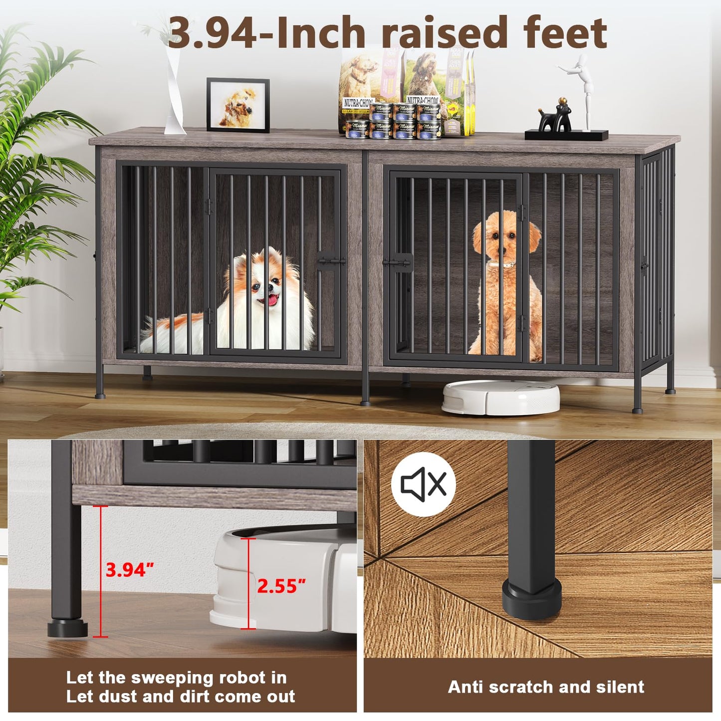 POAO 63" L Dog Crate Furniture for 2 Dogs,Heavy Duty Double Dog Crates for Small Dogs(20-35 Pounds),Dog Kennel Furniture Indoor as TV Stand,Gray