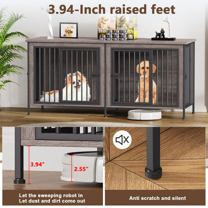 POAO 63" L Dog Crate Furniture for 2 Dogs,Heavy Duty Double Dog Crates for Small Dogs(20-35 Pounds),Dog Kennel Furniture Indoor as TV Stand,Gray