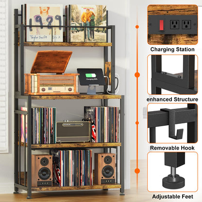 POAO Vinyl Record Stand Holds 300 Records,Record Player Stand with Vinyl Storage,Large Record Player Table with Power Outlet,Brown
