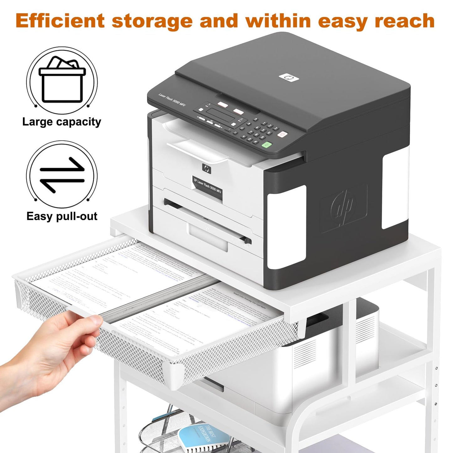 POAO Large 3-Tier Rolling Printer Stand with Storage Drawer,5 Adjustable Shelves Mobile Cart with Industrial Wheels for Home Office Desk,White