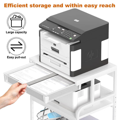 POAO Large 3-Tier Rolling Printer Stand with Storage Drawer,5 Adjustable Shelves Mobile Cart with Industrial Wheels for Home Office Desk,White