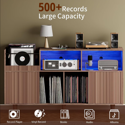 POAO 55" Record Player Stand with Power Outlets & LED Lights, Record Player Table Cabinet with Vinyl Record Storage for 500 Albums, Turntable Stand