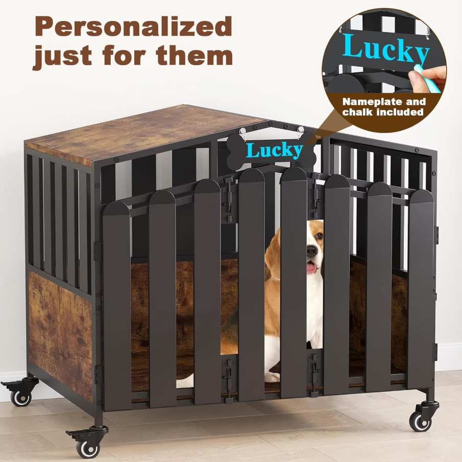 POAO 31"Heavy Duty Dog Crate Furniture with 360°Wheels,Dog Kennel Indoor for Small Dogs,Wooden Dog Cage with Feeding Window &Name Tag,Brown