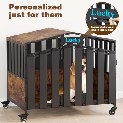 POAO 31"Heavy Duty Dog Crate Furniture with 360°Wheels,Dog Kennel Indoor for Small Dogs,Wooden Dog Cage with Feeding Window &Name Tag,Brown