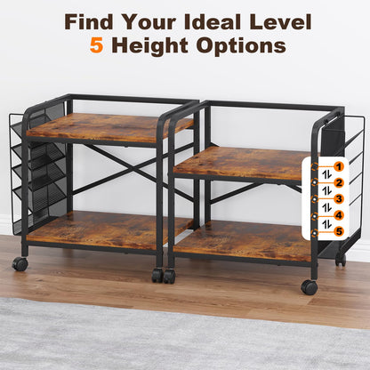POAO Large Printer Stand with File Holder Organizer,Adjustable Height Shelf with Wheels,Rolling Printer Cart with Storage for Home Office,Rustic Brown