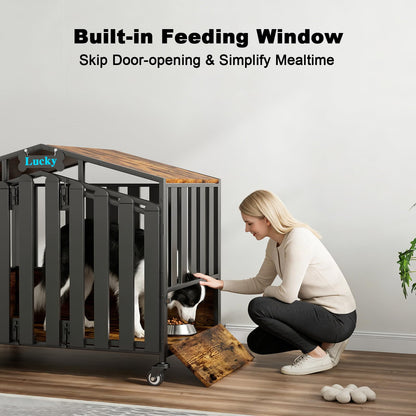 POAO 41"Heavy Duty Dog Crate Furniture for Medium Dogs(35-60lb), Dogs Kennel Indoor with 360° Wheels,Dog Cage with Feeding Window and Name Tag