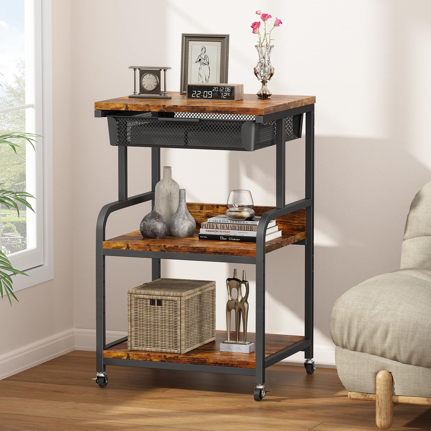 POAO Large Printer Stand with Storage Drawer,3-Tier Rolling Cart with Industrial Wheels for Desk,5 Adjustable Shelf Mobile Printer Table for Office