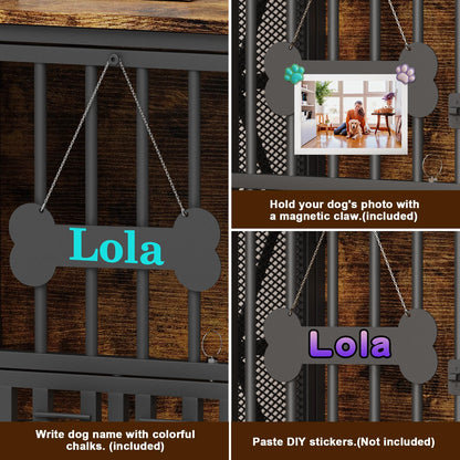 POAO 31.5" Assembly-Free Dog Crate Furniture for Small Dog, Foldable Dog Kennel Indoor with Tag & Adjustable Bowls, Dog Cage Use as End Table, Brown
