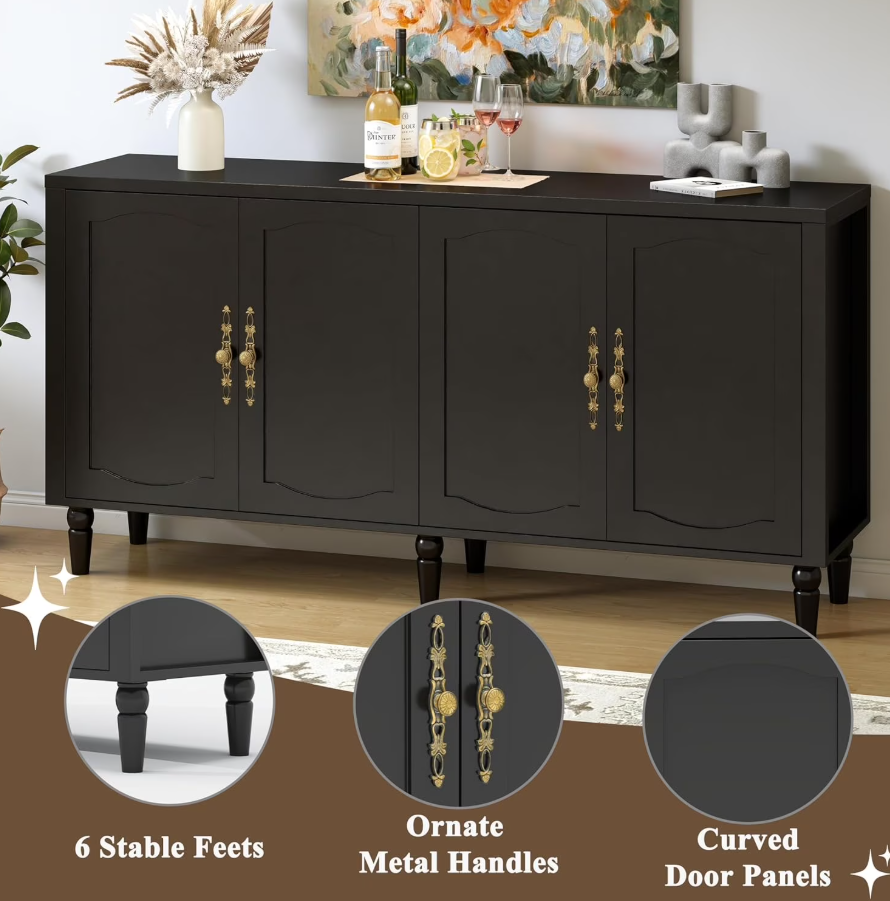 POAO 63" Sideboard Buffet Cabinet with Storage, Adjustable Shelf & 4 Doors Credenza,Mid Century Modern Sideboard for Dining Room Living Room Black