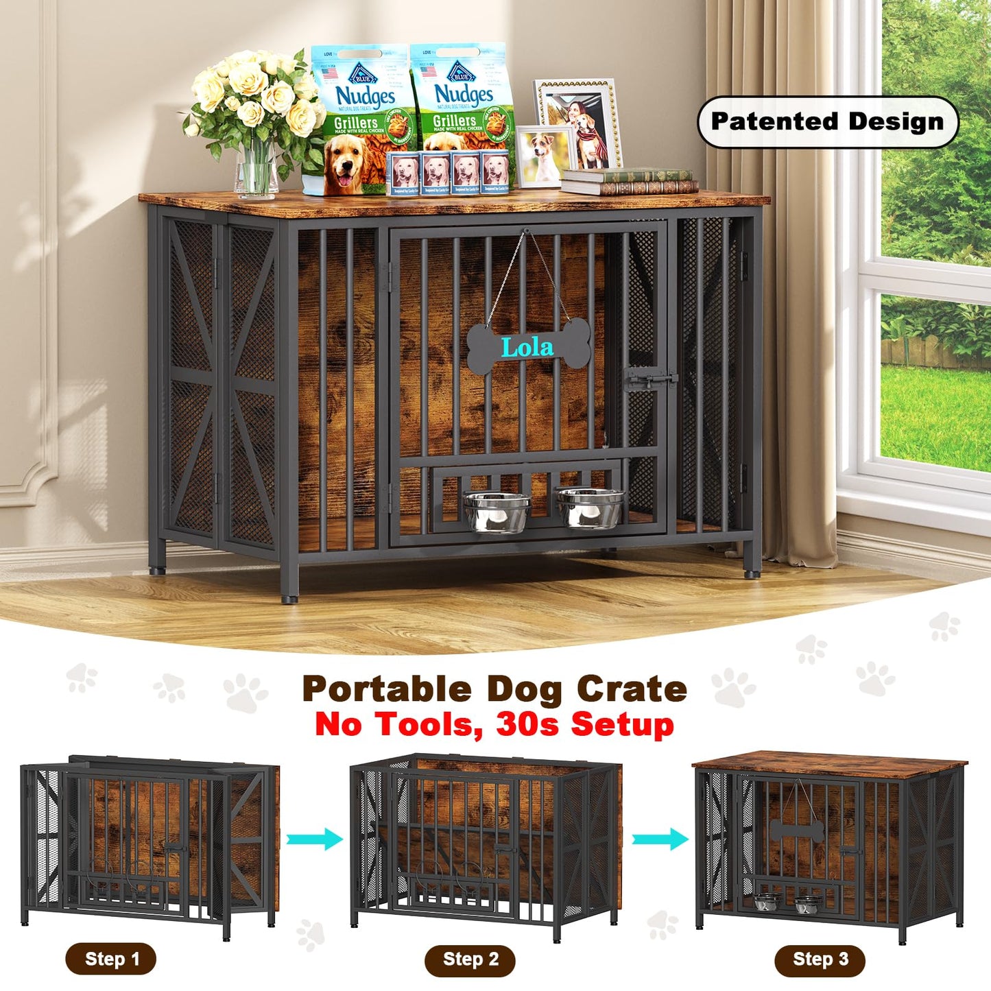 POAO Foldable Large Dog Crate Furniture, 41.3"Assembly-Free Dog Crates for Large Dogs, Wooden Dog Kennel Indoor with Tag & Dog Bowls, Rustic Brown