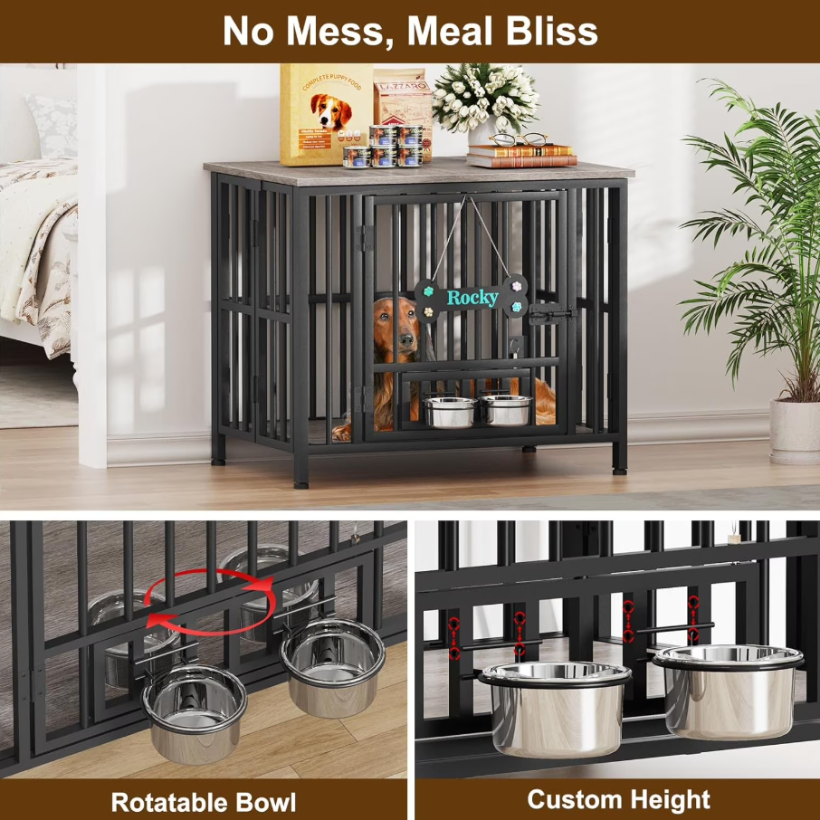 POAO 31"Dog Crate Furniture Foldable, No Assembly Dog Kennel Indoor for Medium Dogs(20-35 lb), Dog Cage with Adjustable Bowls &Name Tag, End Table