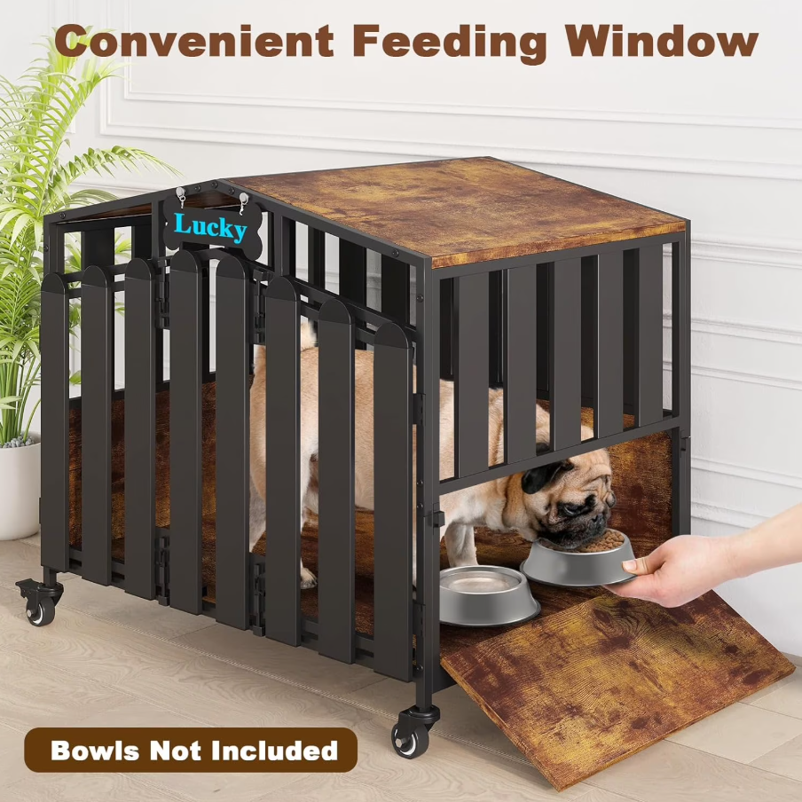 POAO 31"Heavy Duty Dog Crate Furniture with 360°Wheels,Dog Kennel Indoor for Small Dogs,Wooden Dog Cage with Feeding Window &Name Tag,Brown