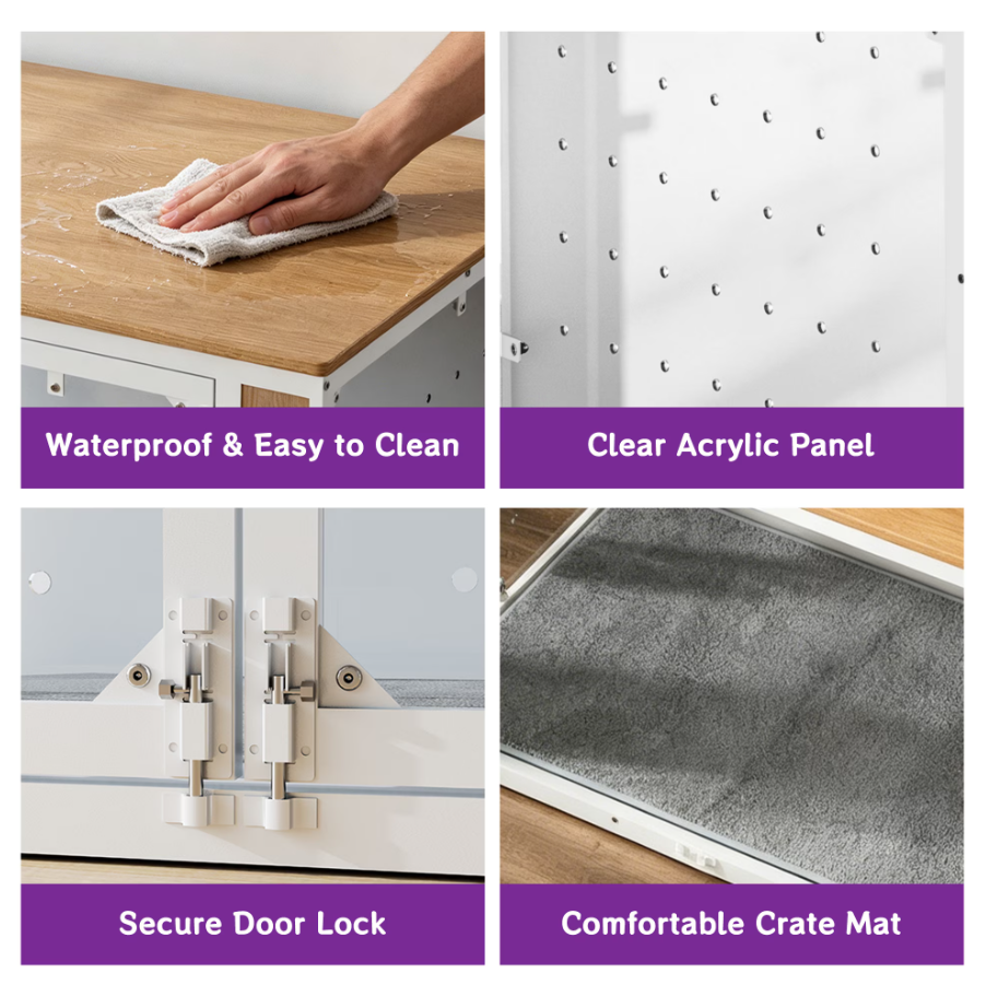 POAO 41''Dog Crate Furniture for Medium Large Dogs(40-70 lb), Decorative Dog Kennel with Acrylic Window Washable Mat, Escape-Proof Chew-Proof Anxiety Relief Dog Cage