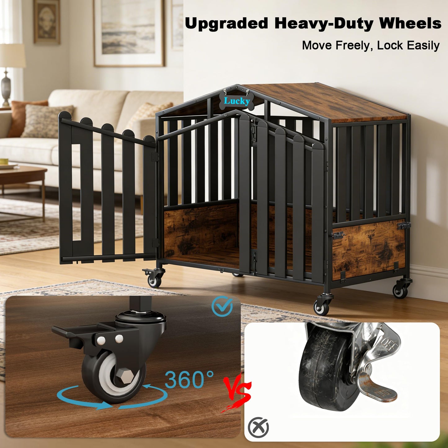 POAO 41"Heavy Duty Dog Crate Furniture for Medium Dogs(35-60lb), Dogs Kennel Indoor with 360° Wheels,Dog Cage with Feeding Window and Name Tag