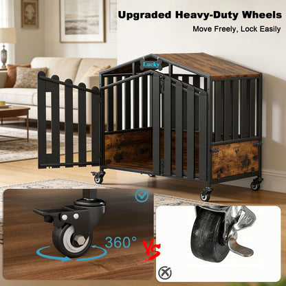 POAO 41"Heavy Duty Dog Crate Furniture for Medium Dogs(35-60lb), Dogs Kennel Indoor with 360° Wheels,Dog Cage with Feeding Window and Name Tag