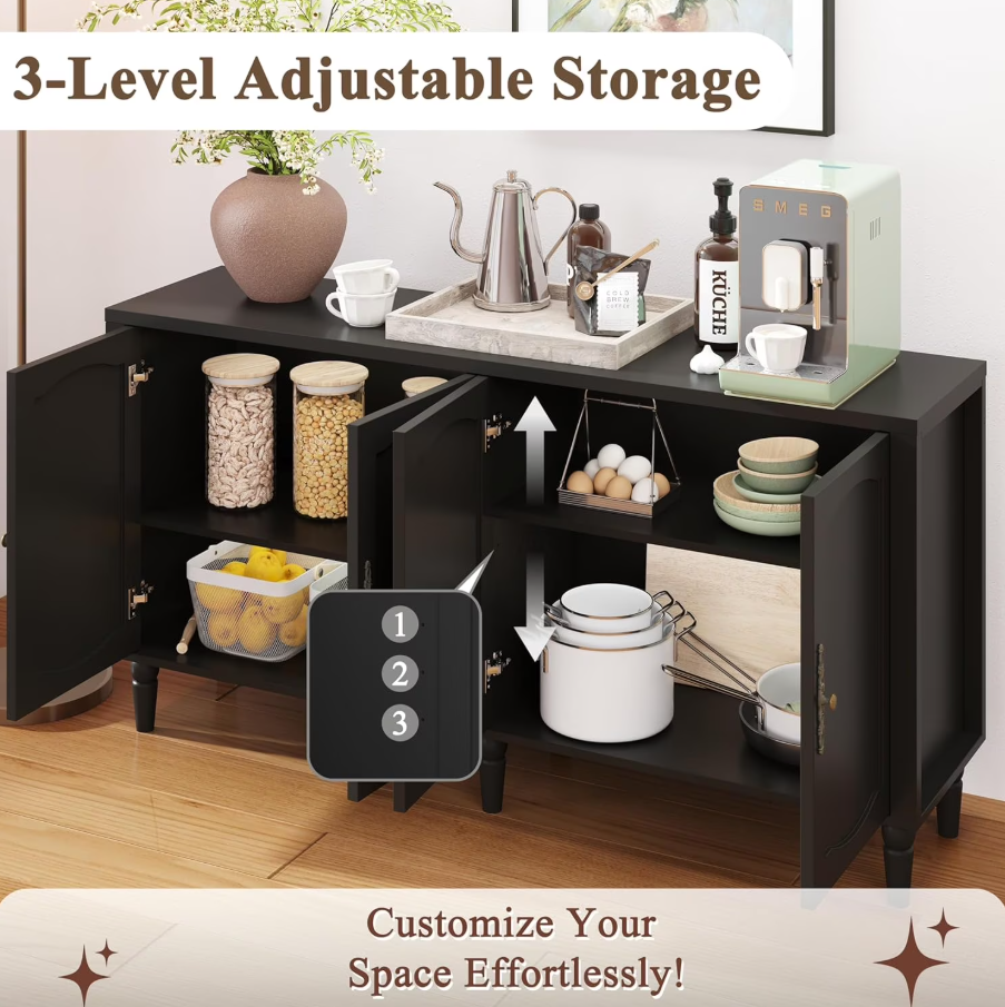 POAO 63" Sideboard Buffet Cabinet with Storage, Adjustable Shelf & 4 Doors Credenza,Mid Century Modern Sideboard for Dining Room Living Room Black