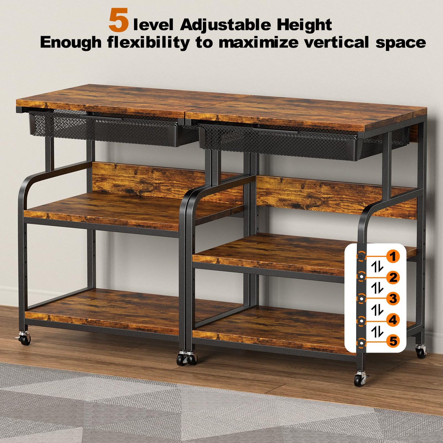 POAO Extra Large Printer Stand with Drawer, 5-Adjustable Heights 3 Tier Printer Table with Wheels, Rolling Printer Cart with Storage Shelf