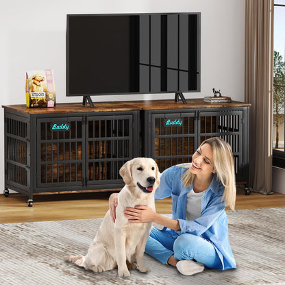 POAO 41"Heavy Duty Dog Crate Furniture with Name Tag,Chew Proof Prevent Escape for High Anxiety Dogs, Indoor Indestructible Dog Kennel ,Brown