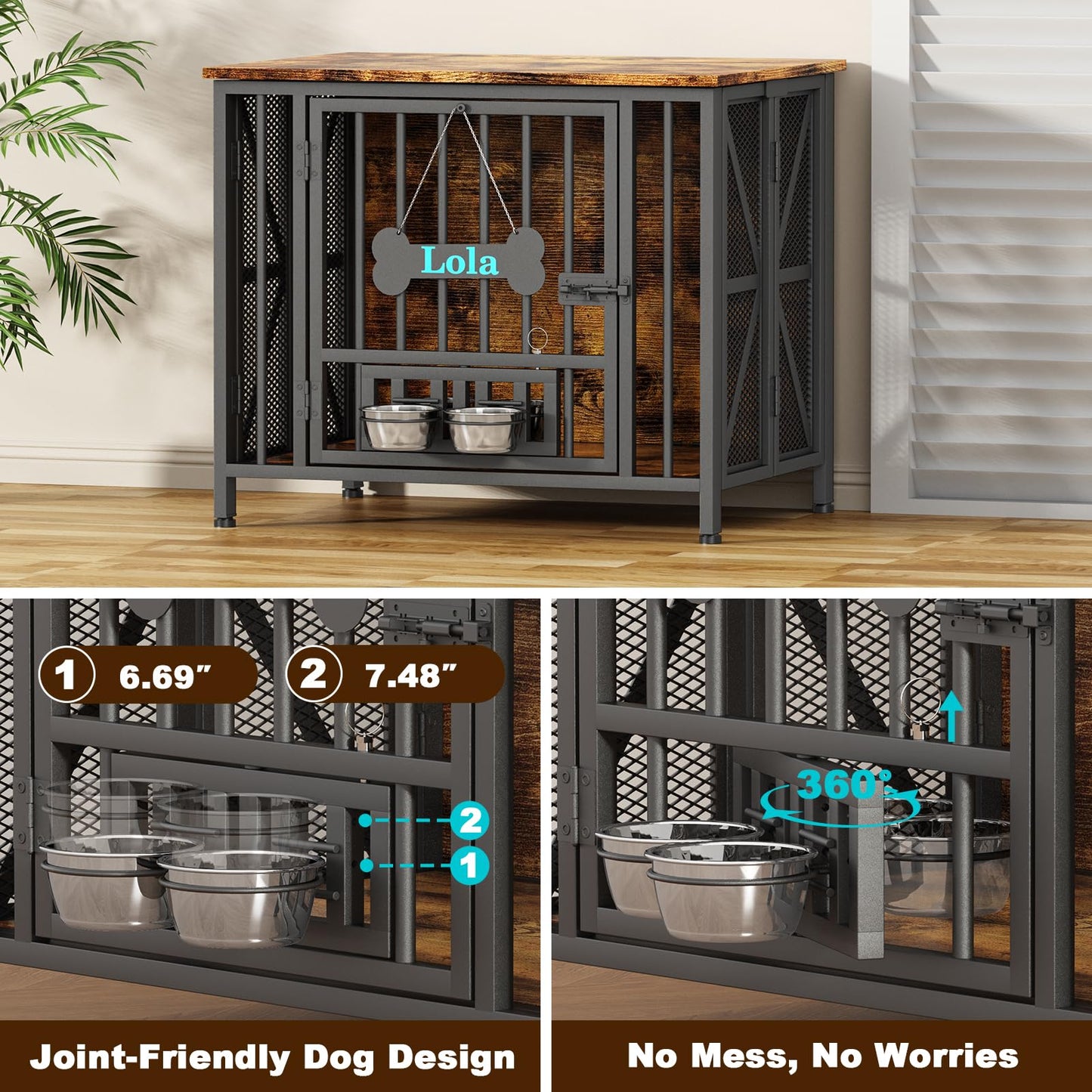 POAO 31.5" Assembly-Free Dog Crate Furniture for Small Dog, Foldable Dog Kennel Indoor with Tag & Adjustable Bowls, Dog Cage Use as End Table, Brown