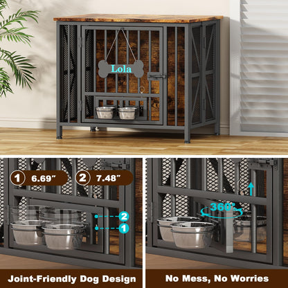 POAO 31.5" Assembly-Free Dog Crate Furniture for Small Dog, Foldable Dog Kennel Indoor with Tag & Adjustable Bowls, Dog Cage Use as End Table, Brown