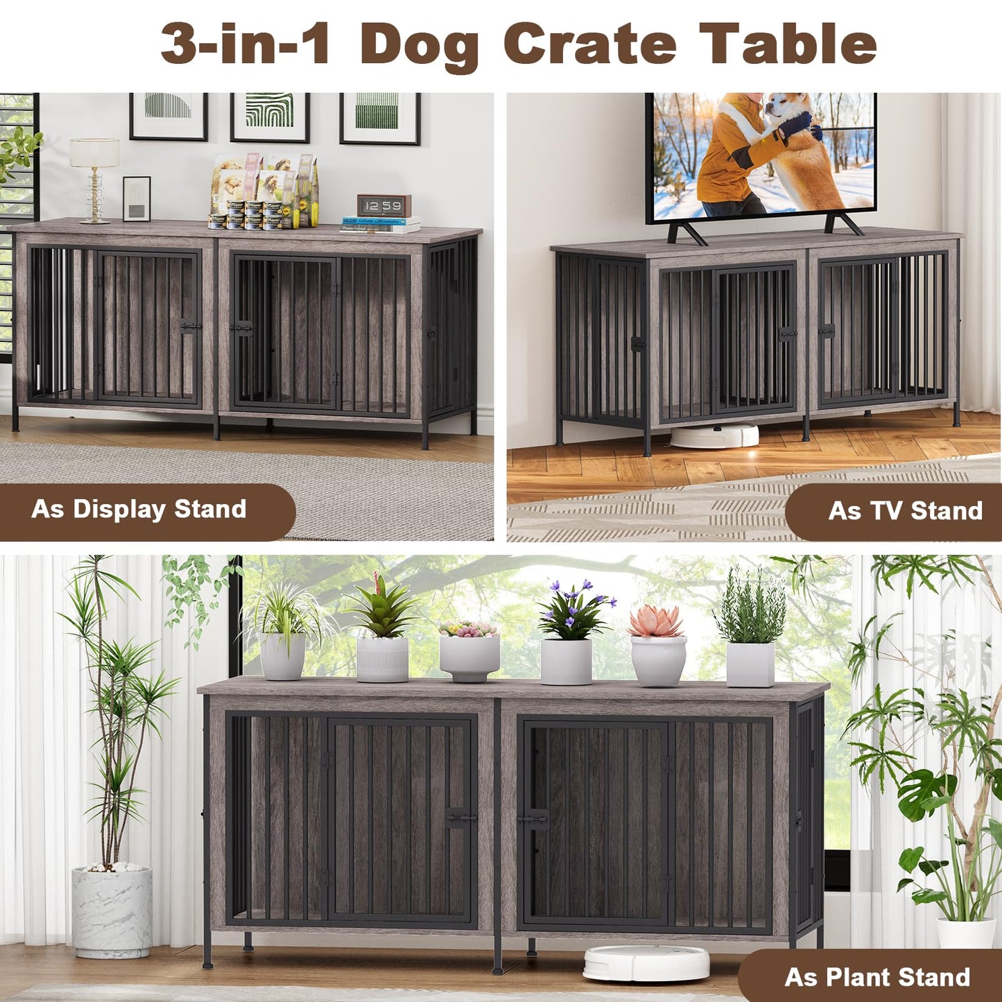 POAO 63" L Dog Crate Furniture for 2 Dogs,Heavy Duty Double Dog Crates for Small Dogs(20-35 Pounds),Dog Kennel Furniture Indoor as TV Stand,Gray