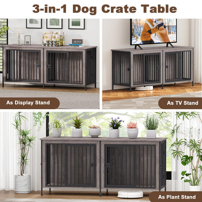 POAO 63" L Dog Crate Furniture for 2 Dogs,Heavy Duty Double Dog Crates for Small Dogs(20-35 Pounds),Dog Kennel Furniture Indoor as TV Stand,Gray