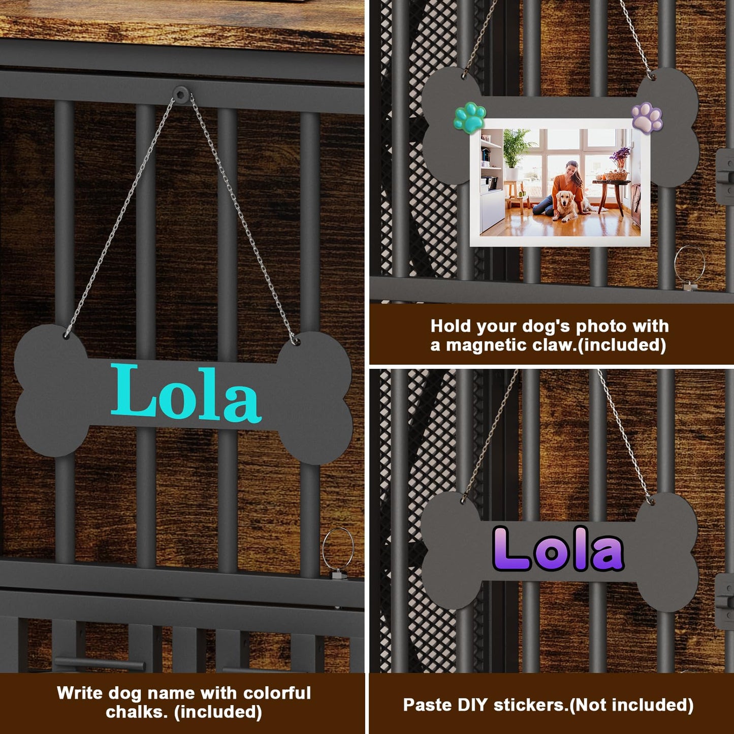 POAO Foldable Large Dog Crate Furniture, 41.3"Assembly-Free Dog Crates for Large Dogs, Wooden Dog Kennel Indoor with Tag & Dog Bowls, Rustic Brown