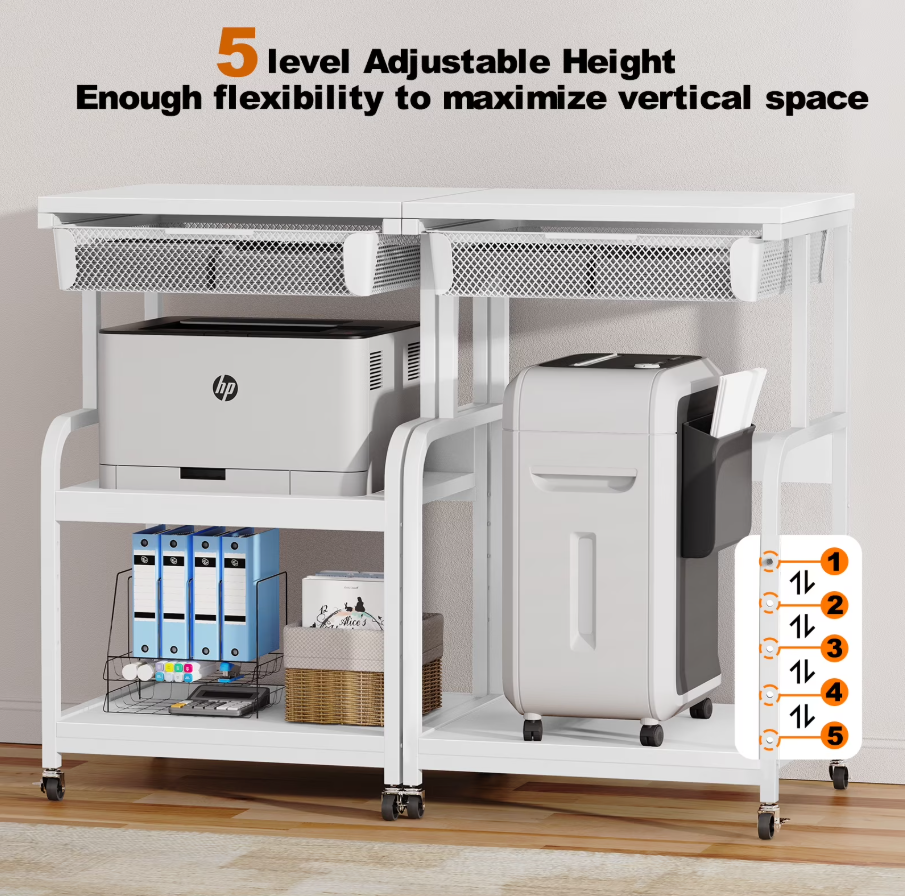 POAO Large 3-Tier Rolling Printer Stand with Storage Drawer,5 Adjustable Shelves Mobile Cart with Industrial Wheels for Home Office Desk,White