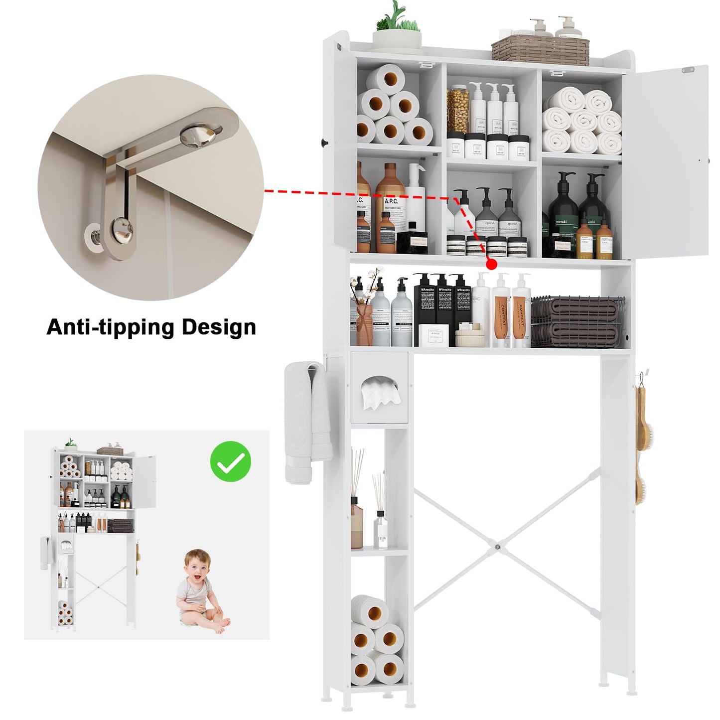 POAO 32"W Over the Toilet Storage Cabinet with Metal Frame and 7 Storage Shelves, Bathroom Organizer with Adjustable Shelves and Paper Holder, White