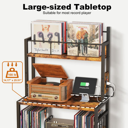 POAO Vinyl Record Stand Holds 300 Records,Record Player Stand with Vinyl Storage,Large Record Player Table with Power Outlet,Brown