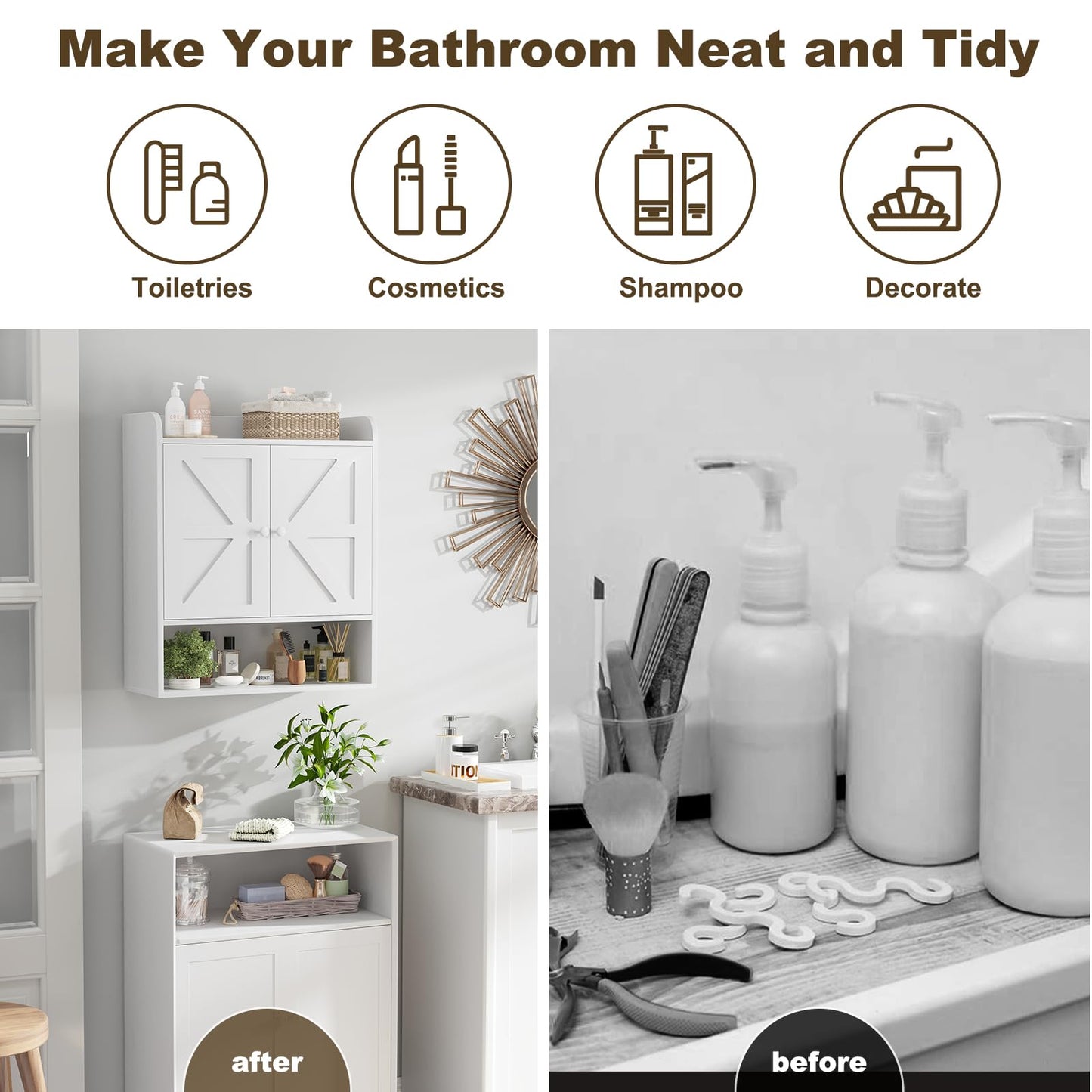 POAO Bathroom Wall Storage Cabinet, Wooden Medicine Cabinet with Adjustable Shelves and Double Barn Doors, Over The Toilet Storage Cabinet,White