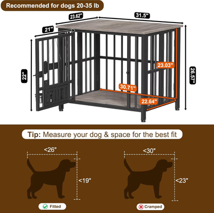 POAO 31"Dog Crate Furniture Foldable, No Assembly Dog Kennel Indoor for Medium Dogs(20-35 lb), Dog Cage with Adjustable Bowls &Name Tag, End Table