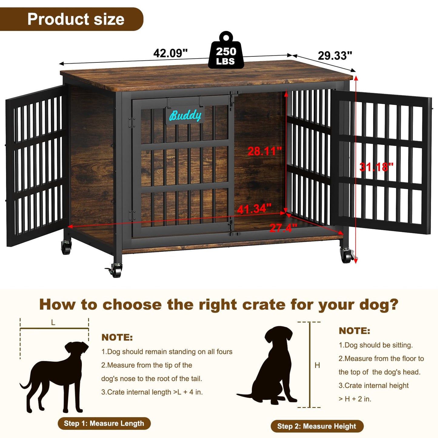 POAO 41"Heavy Duty Dog Crate Furniture with Name Tag,Chew Proof Prevent Escape for High Anxiety Dogs, Indoor Indestructible Dog Kennel ,Brown