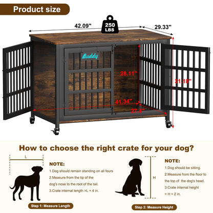 POAO 41"Heavy Duty Dog Crate Furniture with Name Tag,Chew Proof Prevent Escape for High Anxiety Dogs, Indoor Indestructible Dog Kennel ,Brown