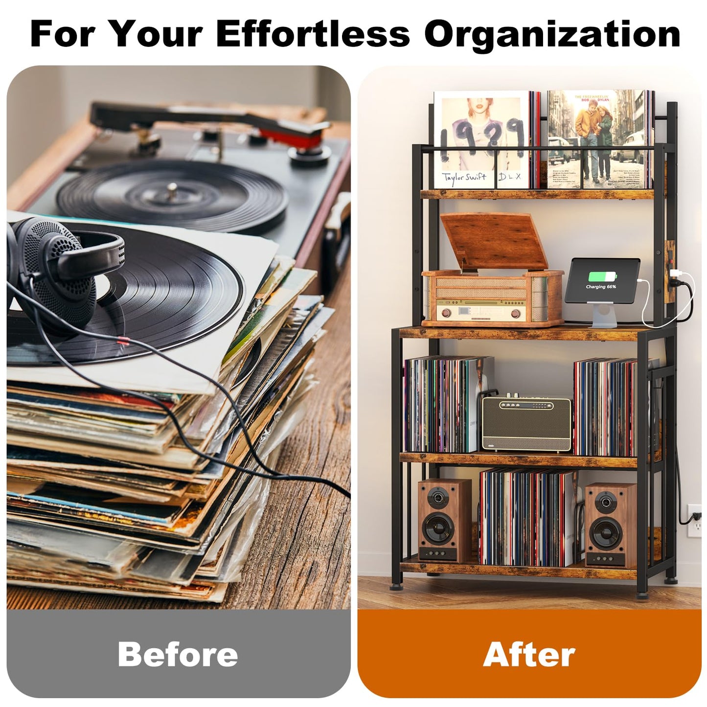 POAO Vinyl Record Stand Holds 300 Records,Record Player Stand with Vinyl Storage,Large Record Player Table with Power Outlet,Brown