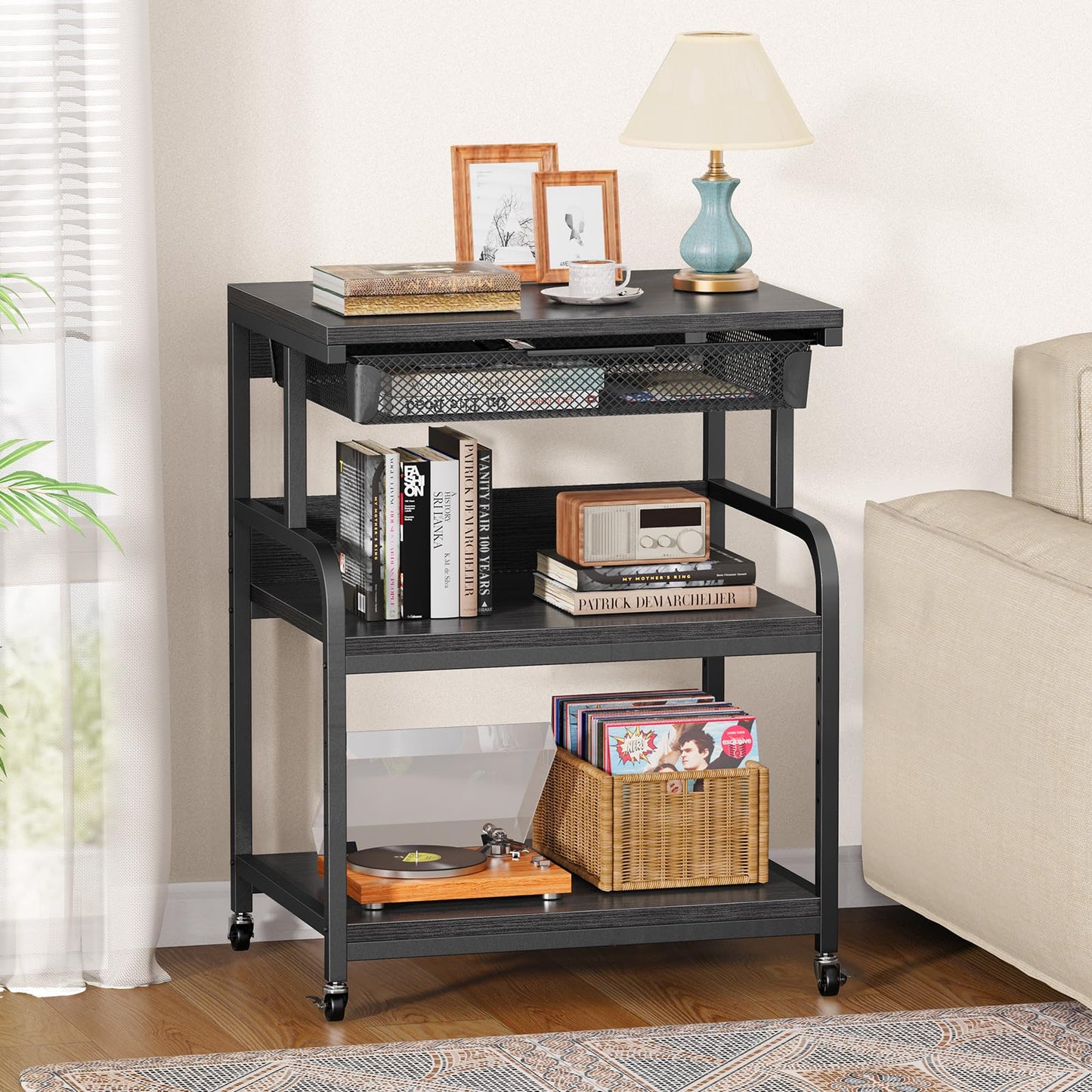 POAO Large Printer Stand with Drawer, 5-Adjustable Heights 3 Tier Table with Wheels, Rolling Printer Cart with Storage for Home Office