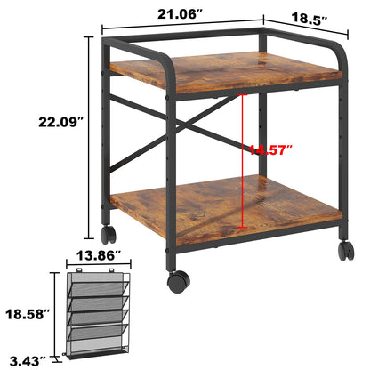 POAO Large Printer Stand with File Holder Organizer,Adjustable Height Shelf with Wheels,Rolling Printer Cart with Storage for Home Office,Rustic Brown