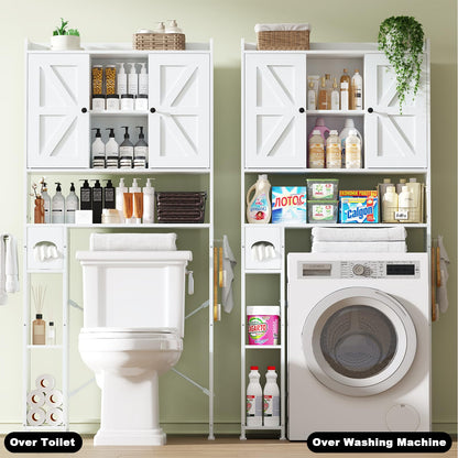 POAO 32"W Over the Toilet Storage Cabinet with Metal Frame and 7 Storage Shelves, Bathroom Organizer with Adjustable Shelves and Paper Holder, White