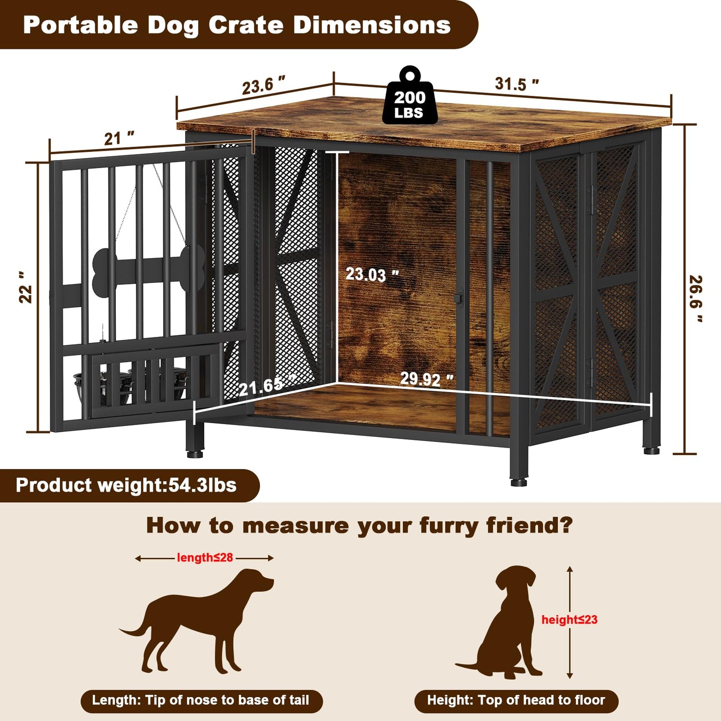 POAO 31.5" Assembly-Free Dog Crate Furniture for Small Dog, Foldable Dog Kennel Indoor with Tag & Adjustable Bowls, Dog Cage Use as End Table, Brown