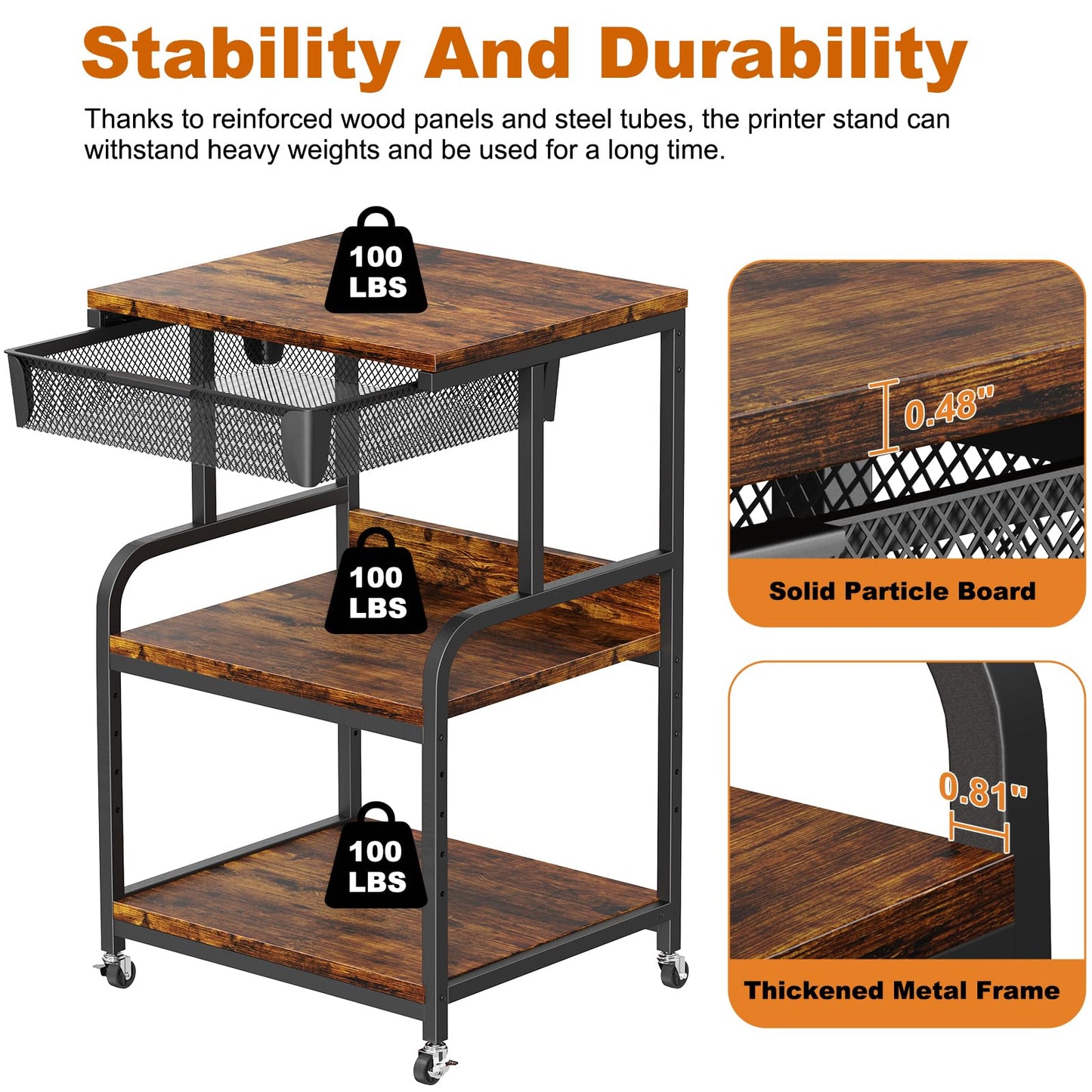 POAO Large Printer Stand with Storage Drawer,3-Tier Rolling Cart with Industrial Wheels for Desk,5 Adjustable Shelf Mobile Printer Table for Office