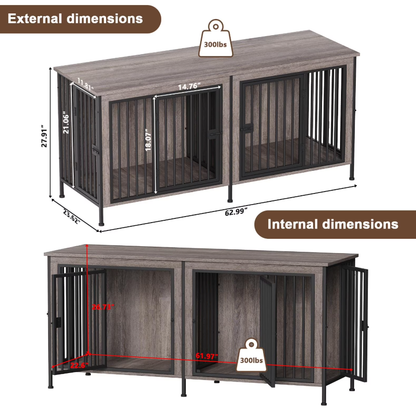 POAO 63" L Dog Crate Furniture for 2 Dogs,Heavy Duty Double Dog Crates for Small Dogs(20-35 Pounds),Dog Kennel Furniture Indoor as TV Stand,Gray