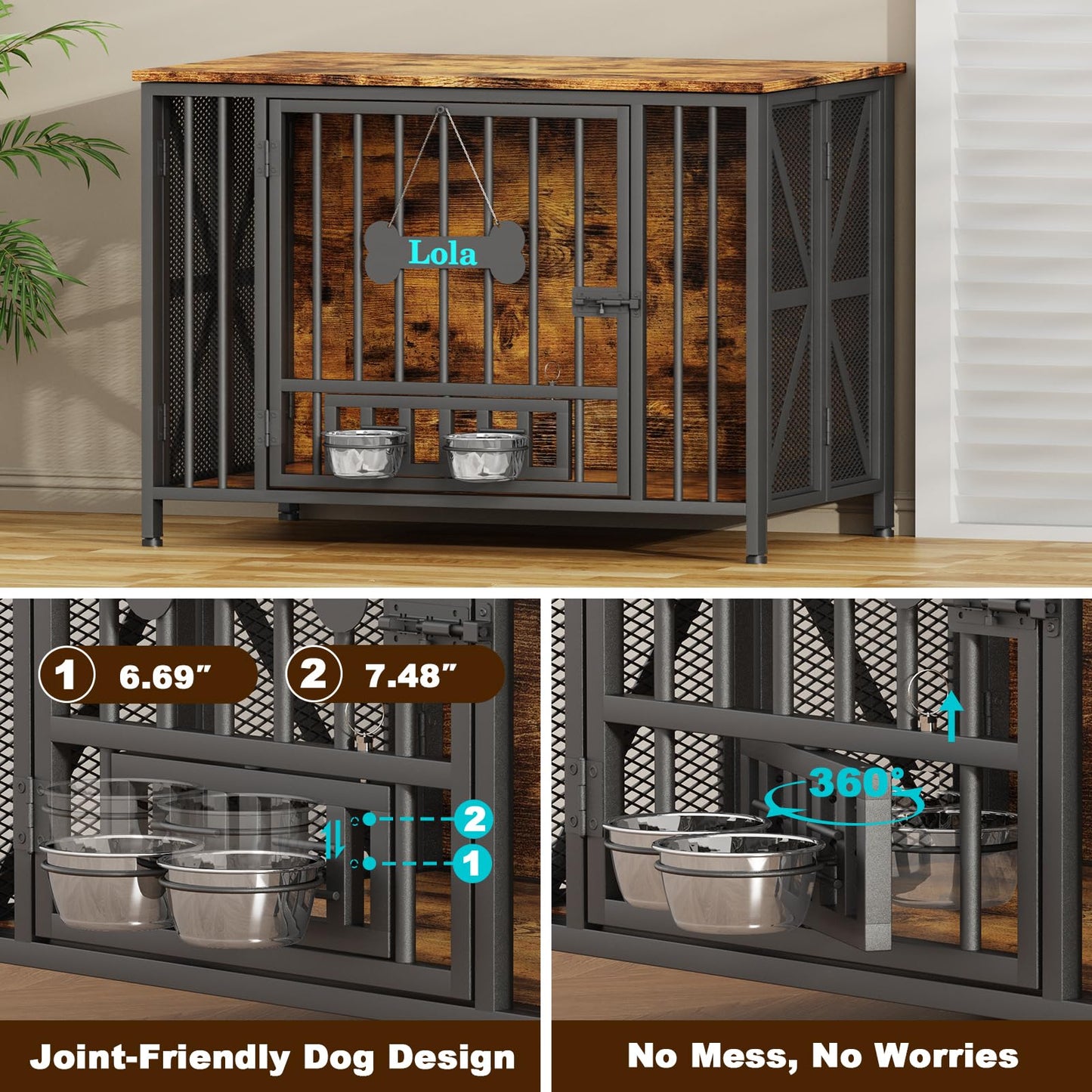 POAO Foldable Large Dog Crate Furniture, 41.3"Assembly-Free Dog Crates for Large Dogs, Wooden Dog Kennel Indoor with Tag & Dog Bowls, Rustic Brown