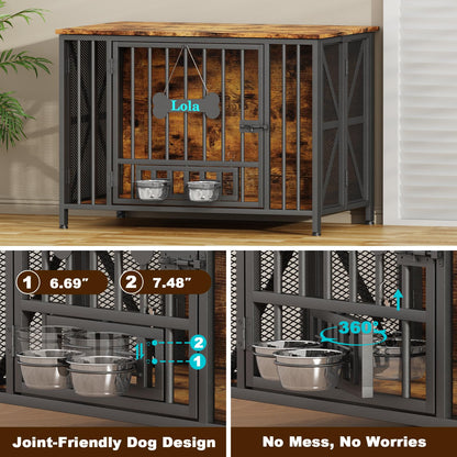 POAO Foldable Large Dog Crate Furniture, 41.3"Assembly-Free Dog Crates for Large Dogs, Wooden Dog Kennel Indoor with Tag & Dog Bowls, Rustic Brown