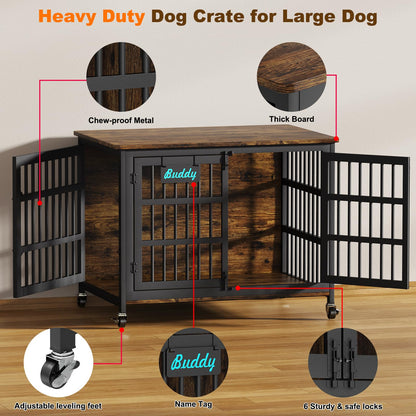 POAO 41"Heavy Duty Dog Crate Furniture with Name Tag,Chew Proof Prevent Escape for High Anxiety Dogs, Indoor Indestructible Dog Kennel ,Brown